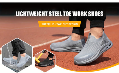 Steel Toe Work Shoes for Men Slip-On Lightweight Safety Sneakers Puncture-Resistant Non-Slip for Construction Warehouse Restaurant Black Grey Blue US 5.5-14