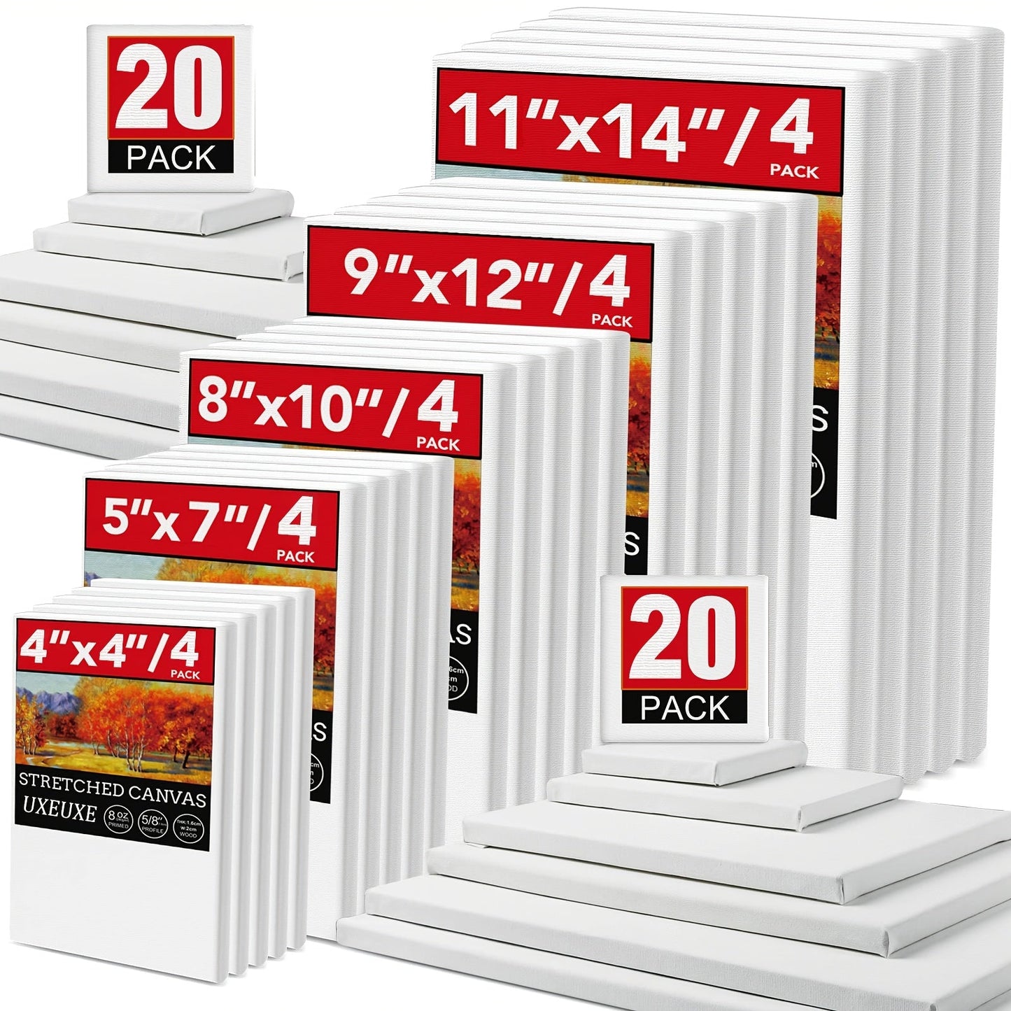 Stretched Canvas Multi-Pack Primed White 100% Cotton – Round Rectangular and Square Sets in 10 15 and 20 Pieces – Artist Canvas Boards for Acrylic Oil Painting Pouring and Mixed Media