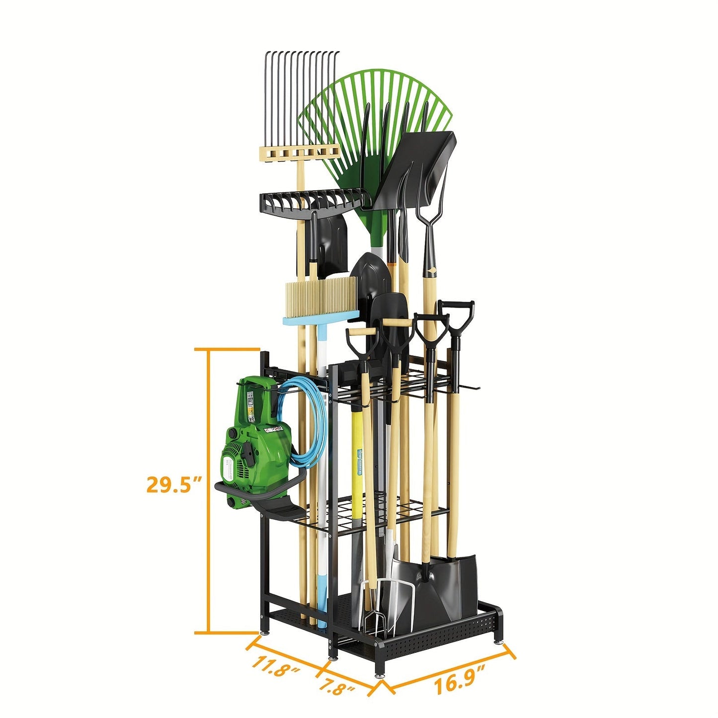 Garden Tool Organizer for Garage Heavy Duty Metal Rack with Hooks – Freestanding Yard Tool Stand Holder for Long-Handled Brooms, Shovels, Rakes & Outdoor Tools, Black Storage Rack
