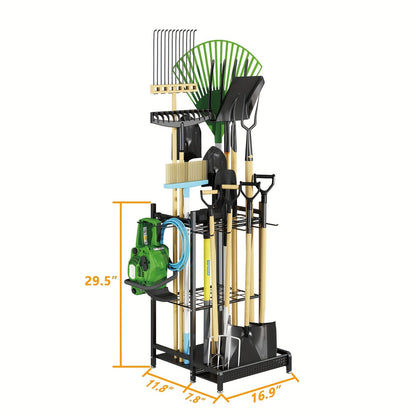 Garden Tool Organizer for Garage Heavy Duty Metal Rack with Hooks – Freestanding Yard Tool Stand Holder for Long-Handled Brooms, Shovels, Rakes & Outdoor Tools, Black Storage Rack