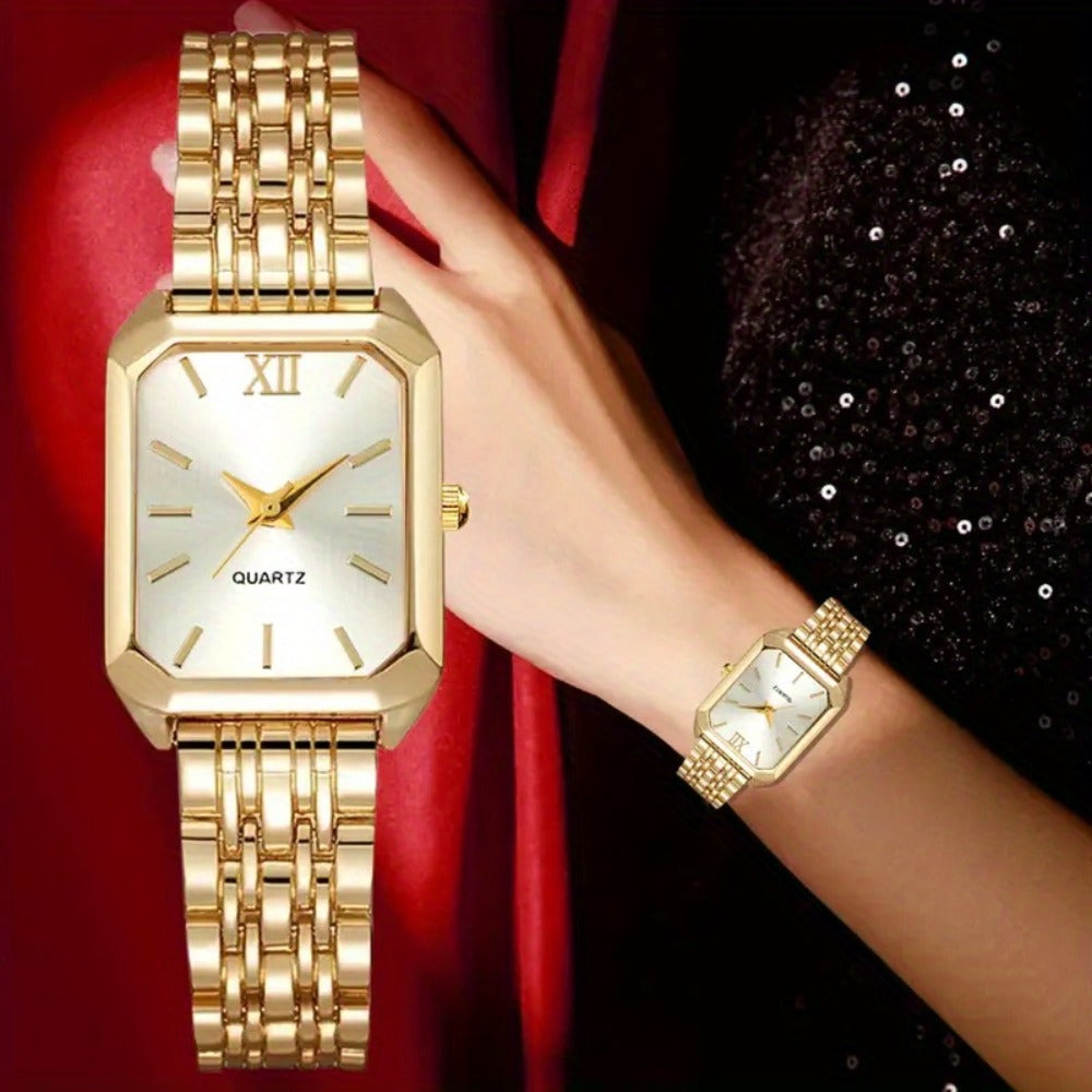 Women's 5-Piece Golden Tone Quartz Watch & Jewelry Set – Square Dial Watch with Matching Necklace, Earrings & Ring, Elegant Gift Set for Parties, Weddings & Special Occasions, 3 Colors