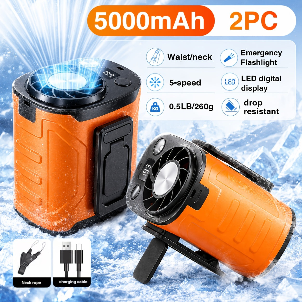 Portable Neck & Waist Fan 18000RPM Brushless Motor – 199-Speed Adjustment, 5000mAh Battery, LED Power Display, Hands-Free Wearable Cooling Fan for Outdoor Work, Camping, Fishing, Hiking & Travel