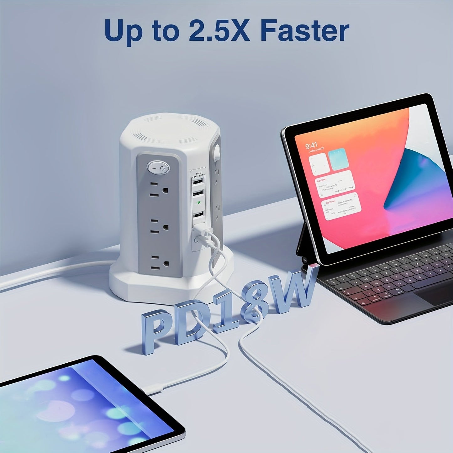 Power Strip Tower 16 AC Outlets 5 USB Ports USB-C PD20W 1500J Surge Protector Flat Plug Desktop Extension Cord