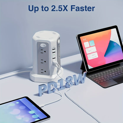 Power Strip Tower 16 AC Outlets 5 USB Ports USB-C PD20W 1500J Surge Protector Flat Plug Desktop Extension Cord