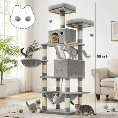 Multi-Level Cat Tree Tower 44-66 Inch with Hammock Sisal Scratching Posts Cozy Cave Perches Anti-Tilt Stable Cat Condo for Multi-Cat Families Kittens & Cats Gift
