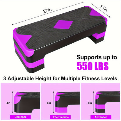 Adjustable Aerobic Step Platform – 3 Height Settings (4"/6"/8"), Non-Slip Workout Stepper for Home Gym Cardio Training, Step Aerobics Exercise Board (6 Colors)