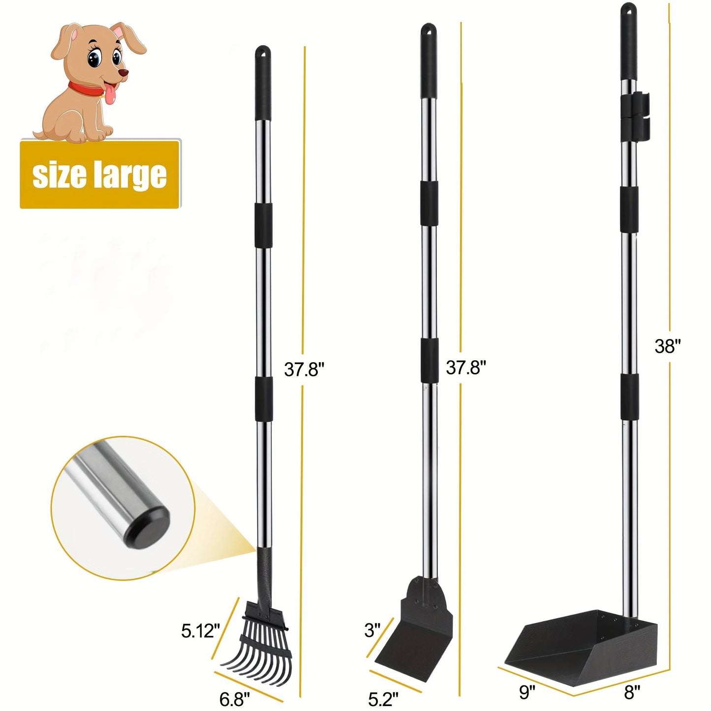 Stainless Steel Dog Pooper Scooper Set with Adjustable Long Handle – Rust-Proof Tray & Rake Pet Waste Removal Tool, No Bending, Easy to Clean, Ideal for All Dog Breeds, Outdoor Yard & Grass Use