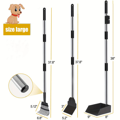 Stainless Steel Dog Pooper Scooper Set with Adjustable Long Handle – Rust-Proof Tray & Rake Pet Waste Removal Tool, No Bending, Easy to Clean, Ideal for All Dog Breeds, Outdoor Yard & Grass Use