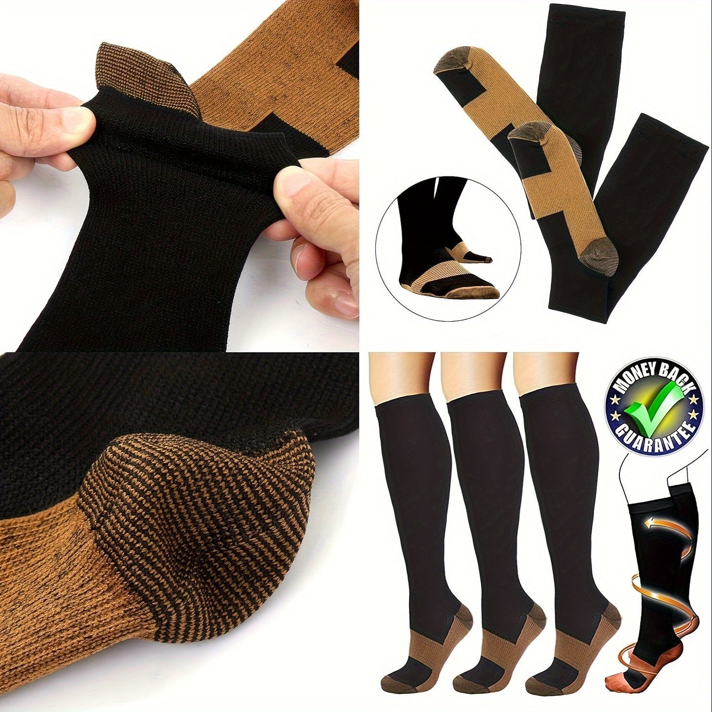 5 Pairs Copper Compression Socks for Women & Men – Black Athletic Support Socks for Running Hiking Cycling Travel, Sizes M-XL, Circulation & Pain Relief Compression Stockings
