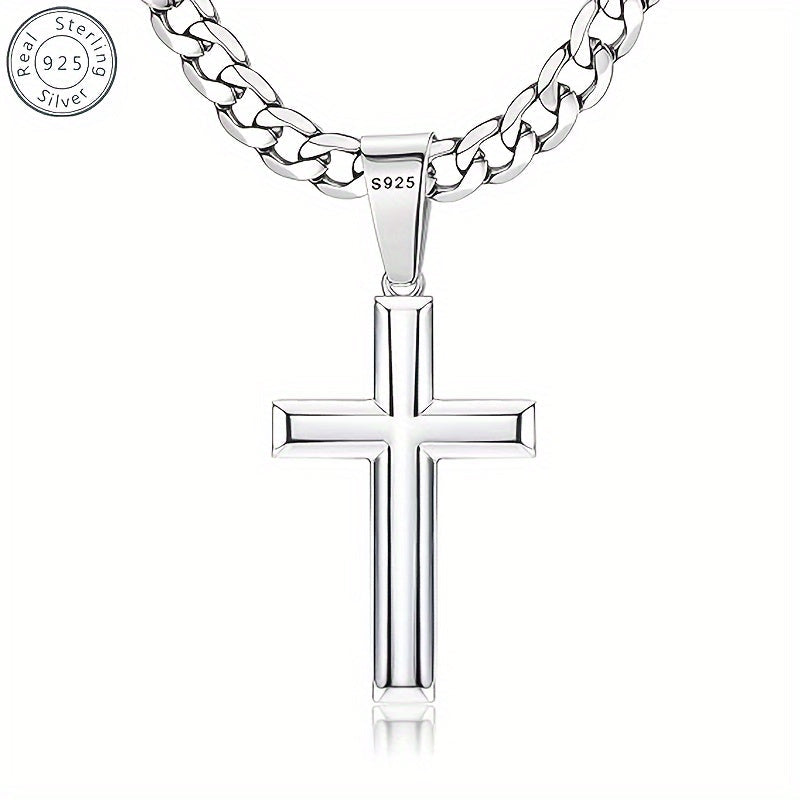 S925 Sterling Silver 5mm Cuban Chain Cross Pendant Necklace 4g – 22in/24in, Gift Box Included, Faith Jewelry for Men & Women, Anniversary, Christmas & Birthday Gift