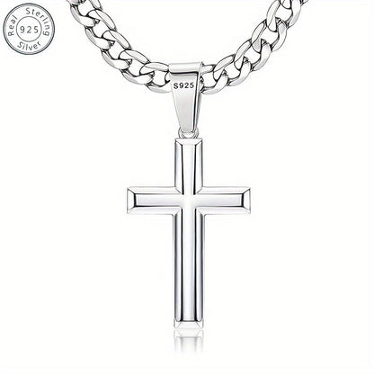 S925 Sterling Silver 5mm Cuban Chain Cross Pendant Necklace 4g – 22in/24in, Gift Box Included, Faith Jewelry for Men & Women, Anniversary, Christmas & Birthday Gift