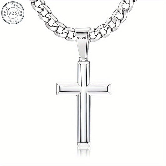 S925 Sterling Silver 5mm Cuban Chain Cross Pendant Necklace 4g – 22in/24in, Gift Box Included, Faith Jewelry for Men & Women, Anniversary, Christmas & Birthday Gift