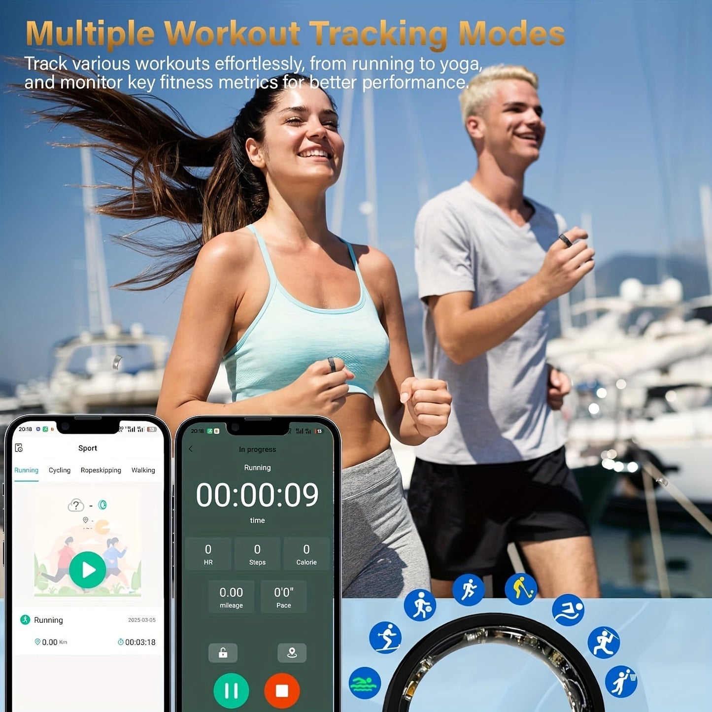 Smart Ring Health Fitness Tracker Bluetooth 5.3 IP68 Waterproof Sport Mode Pedometer Sleep Step Calorie Stress Body Temp Period Tracker for Men Women Android iPhone Gift