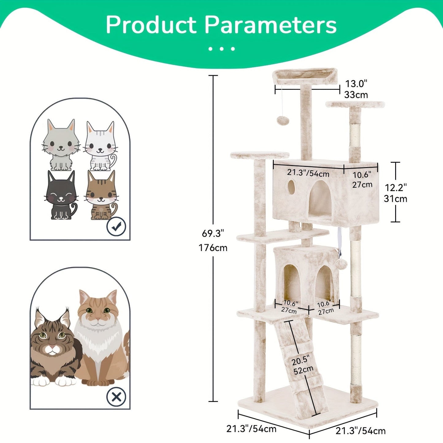 Multi-Level Cat Tree Tower with Scratching Post, Perches & Plush Apartments – Space-Saving Indoor Cat Climbing Frame & Activity Center, Heights 36–80 Inch, 6 Colors