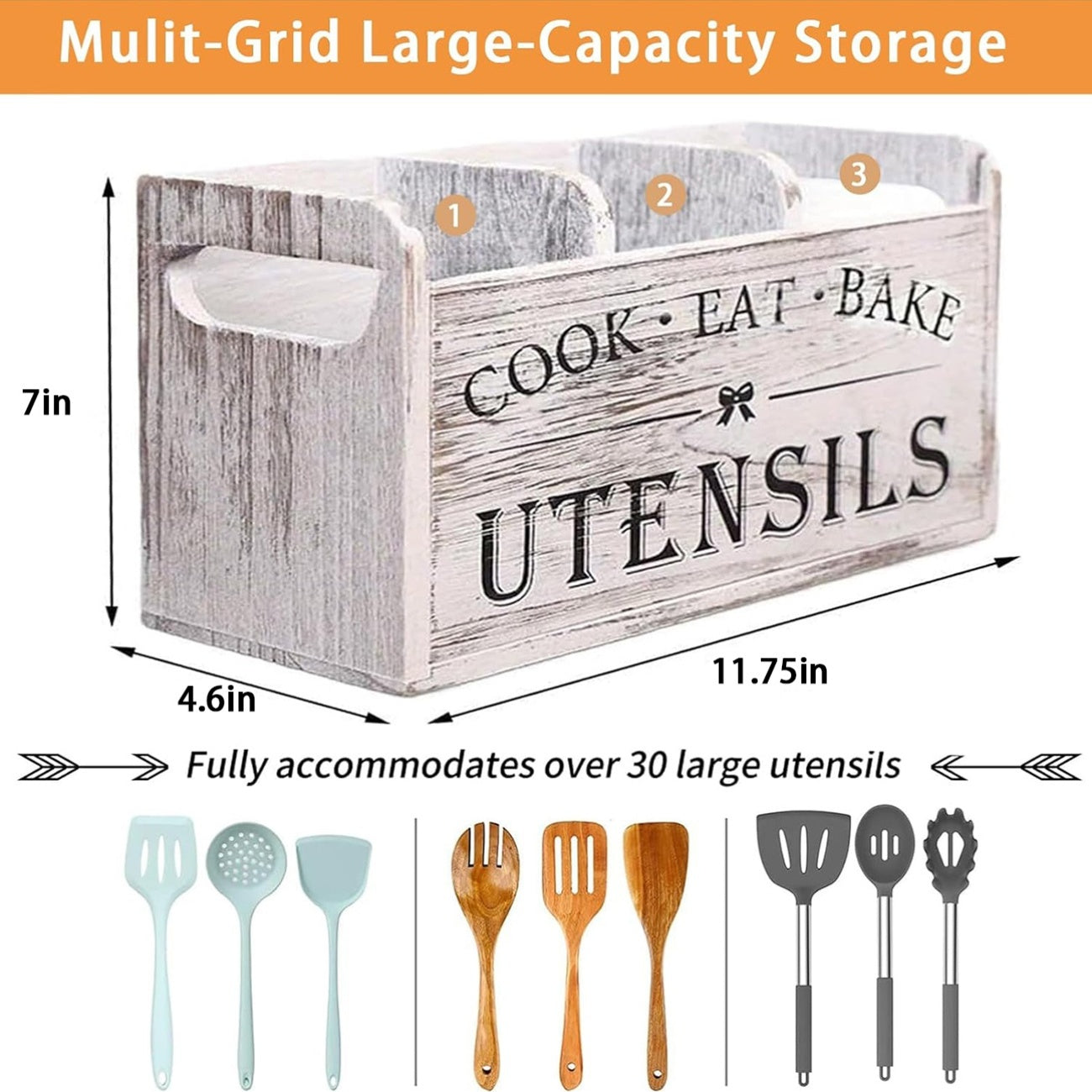 Rustic Wooden Kitchen Utensil Organizer with Handle & 3 Compartments – Countertop or Wall Mount Caddy for Cooking, Dining & Baking Tools – Farmhouse Kitchen Storage in White & Black