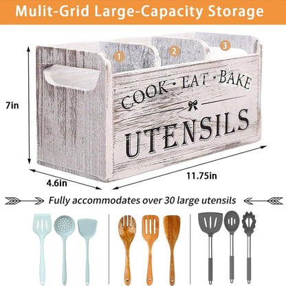 Rustic Wooden Kitchen Utensil Organizer with Handle & 3 Compartments – Countertop or Wall Mount Caddy for Cooking, Dining & Baking Tools – Farmhouse Kitchen Storage in White & Black
