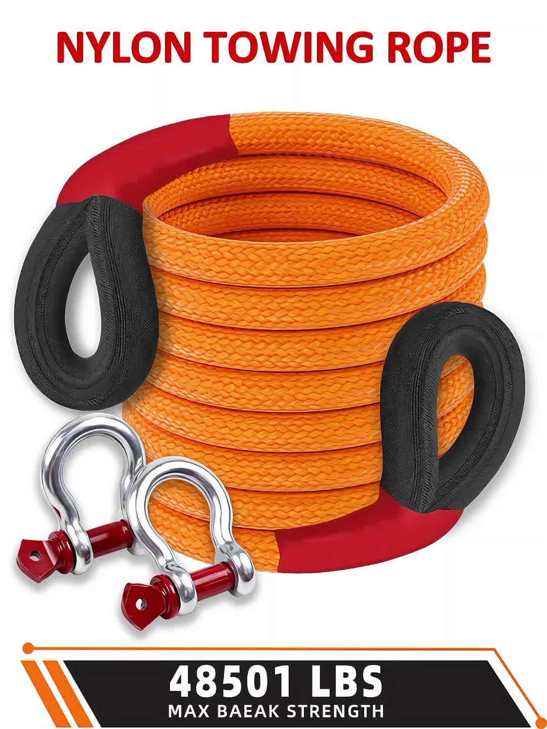 Kinetic Recovery Rope 22 Ton 48501 lbs – Heavy Duty Nylon Tow Rope with Bow Shackles & Storage Bag for Truck SUV UTV ATV Off-Road Emergency Rescue