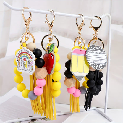 4-Piece Teacher Beaded Keychain Gift Set – Handmade Pencil Apple Notebook TEACH Charm Keychains with Lobster Clasp, Teacher's Day Graduation Back to School Gift, Bag Decoration Pendant