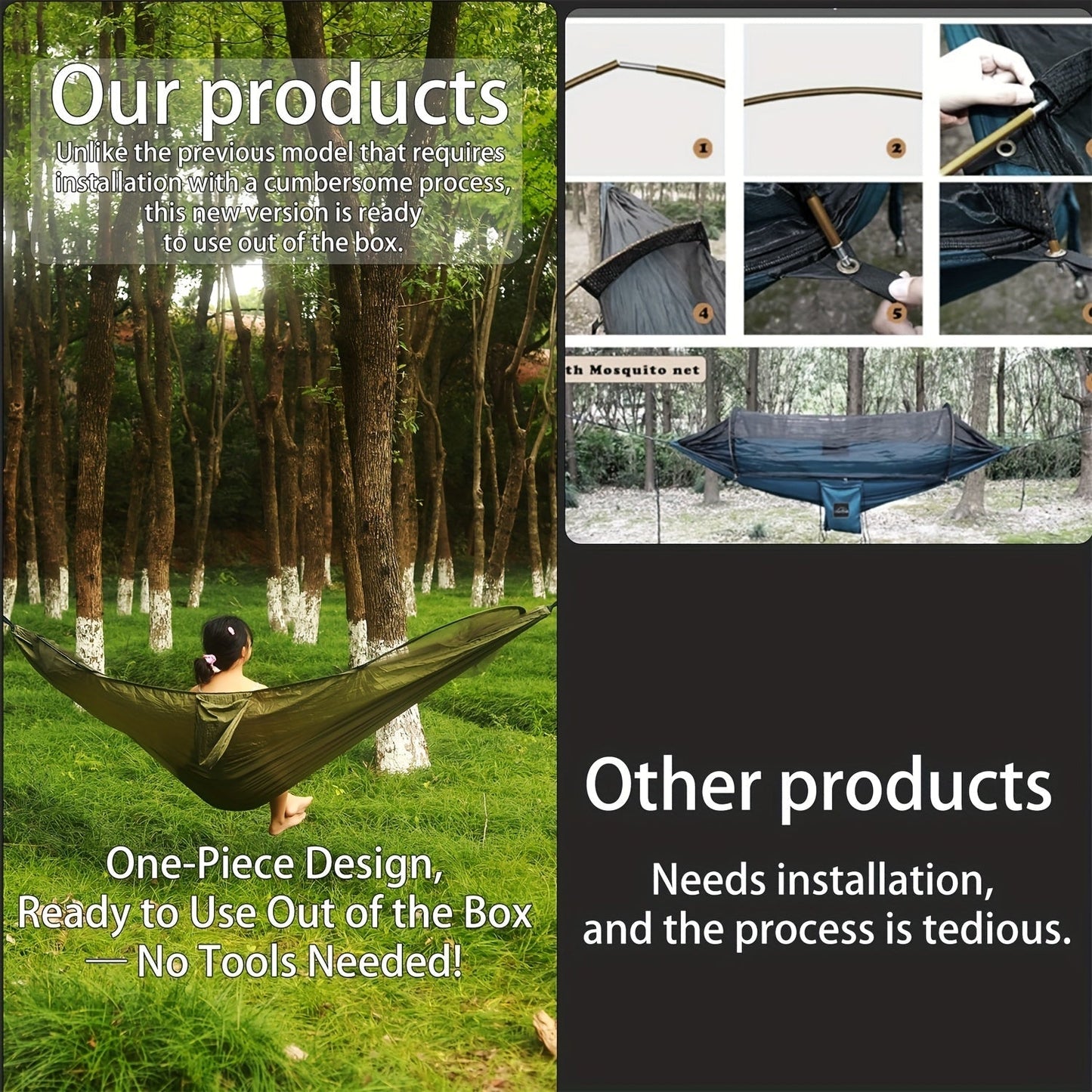 3-in-1 Double Camping Hammock with Mosquito Net and Sun Shade – Lightweight Portable Durable, Ideal for Camping Hiking Backpacking Picnicking Parks, 7 Color Options