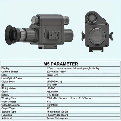 Digital Night Vision Monocular 5x Zoom 300M Range – 940nm Infrared 50mm Lens HD1080P Photo Video Aluminum Alloy Scope with 2 Rechargeable Batteries for Hunting, Fishing, Camping & Wildlife Observation