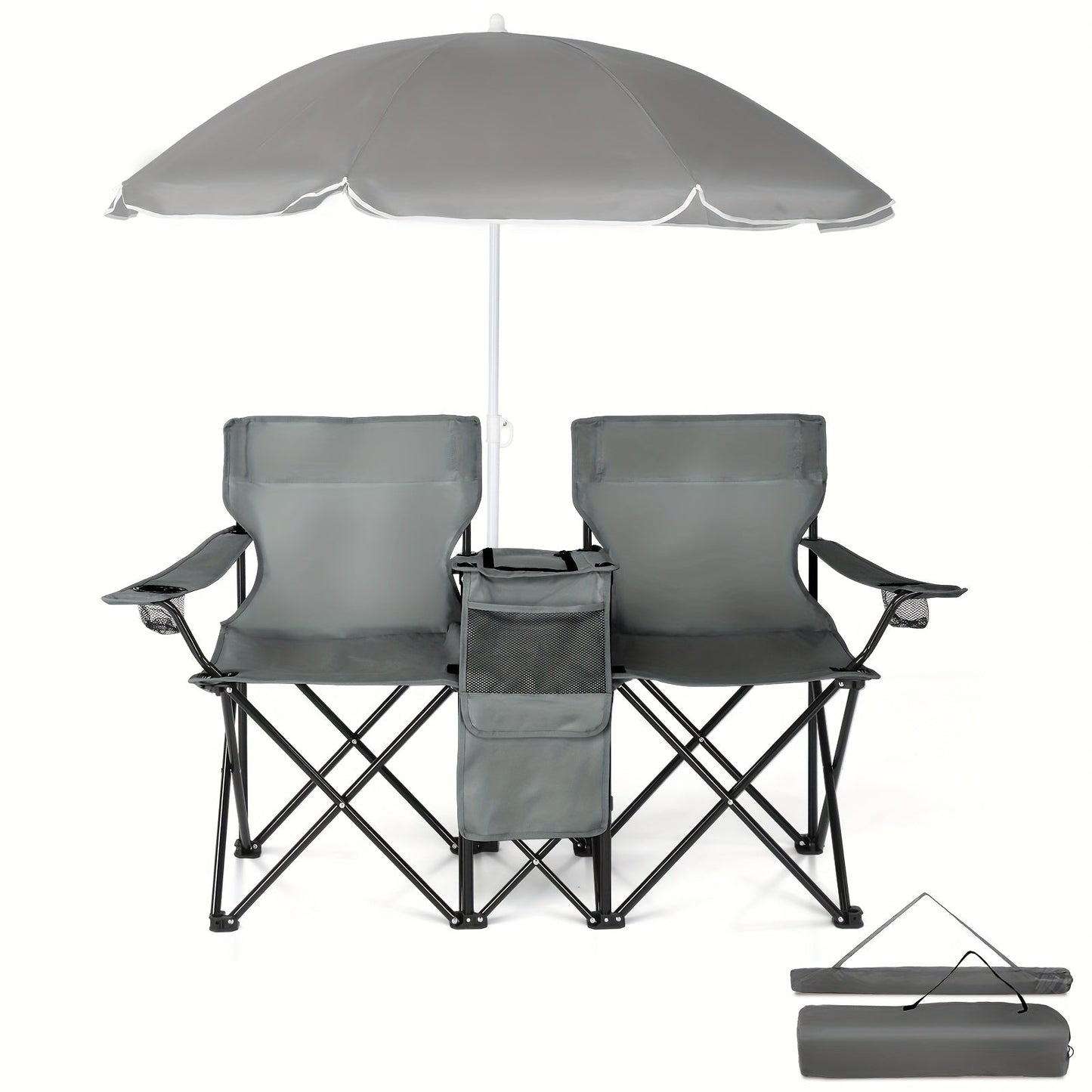 2-Person Outdoor Folding Chair with Removable Sun Umbrella – Portable Loveseat Camping Chair with Handrails for Fishing Beach Sunbathing Picnic