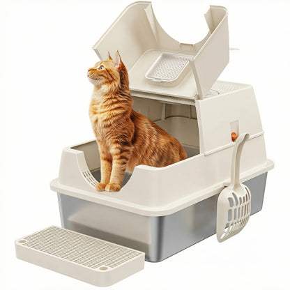 XL Stainless Steel Enclosed Cat Litter Box with Flip Top Lid & High Sidewalls – 3-in-1 Anti-Scatter Metal Litter Pan for Large Cats & Multi-Cat Households
