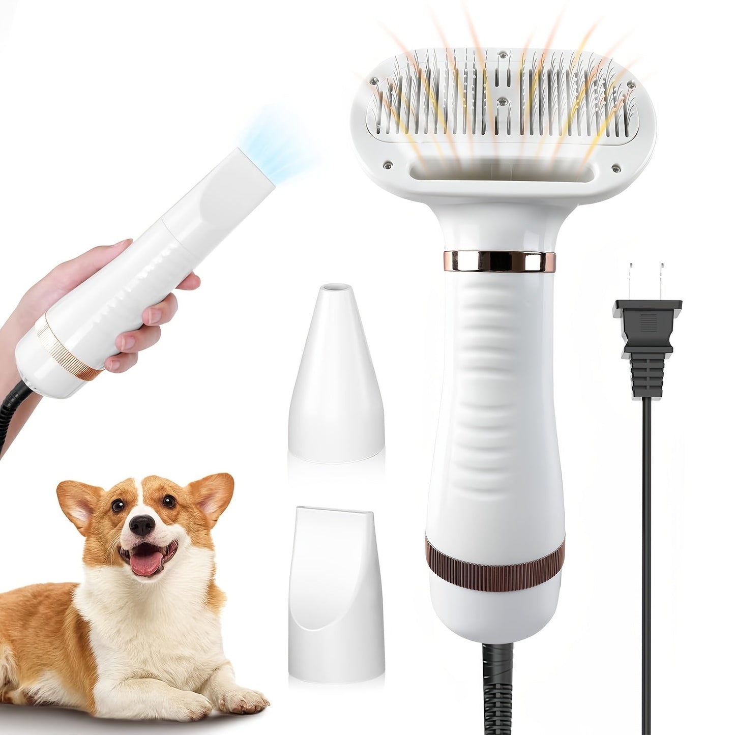 2-in-1 Pet Hair Dryer with Self-Cleaning Slicker Brush – Portable Dog & Cat Grooming Blow Dryer, 3 Temperature Settings, Low Noise, Stainless Steel Bristles, Home & Travel Grooming Tool