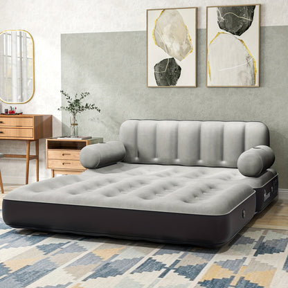Inflatable Air Sofa Bed 2-in-1 Queen Size – Portable Blow Up Couch & Airbed with Headboard, Cup Holders, External Pump & Storage Bag, 440 lb Capacity for Home, Camping & Guests