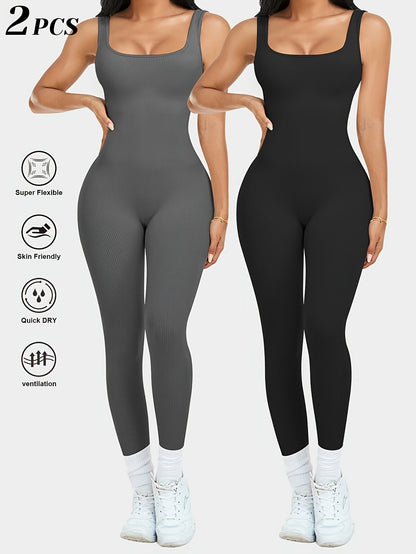 2-Pack Women's Sleeveless Square Neck Long Jumpsuit - 90% Nylon Thick Stretchy Impermeable Activewear Bodysuit for Yoga Pilates Running Fitness, Washable One-Piece Workout Suit Sizes S-XL