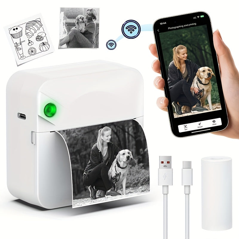 Mini Thermal Sticker Printer Inkless, Wireless Pocket Photo Printer with 1 Roll Thermal Paper, Portable Bluetooth Label Maker for Photos, Journaling, Notes & Memos – Cute Gift for Girls & Students