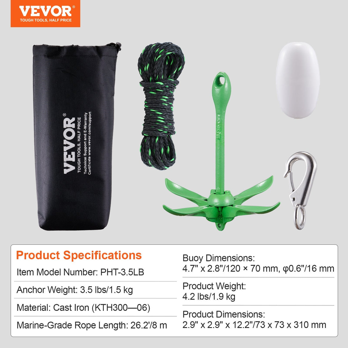 VEVOR Kayak Anchor Kit 3.5 lb Folding 4-Fluke with 26.2 ft Marine Rope, Buoy & Snap Hook - Corrosion-Resistant Paddle Board Anchor for Kayaks, Canoes, SUP & Small Boats