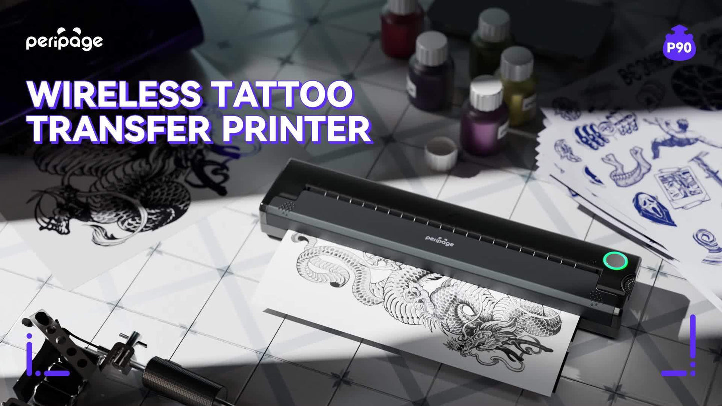Peripage P90 Tattoo Stencil Printer – Portable Thermal Printer for Tattoo Transfer Paper, Compatible with iOS Android & PC, Mini Wireless Printer Includes 5pcs A4 Transfer Paper, Gift for Tattoo Artists