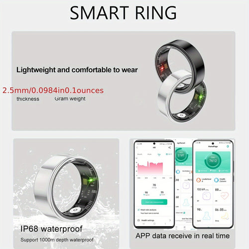 Smart Ring Health Fitness Tracker Bluetooth 5.3 IP68 Waterproof Sport Mode Pedometer Sleep Step Calorie Stress Body Temp Period Tracker for Men Women Android iPhone Gift