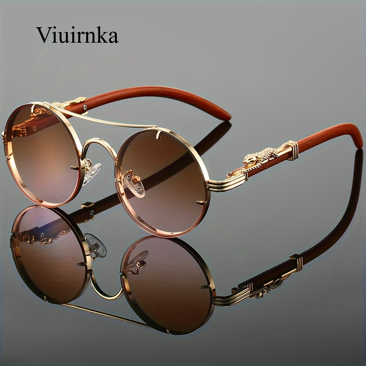 Round Metal Frame Sunglasses with Gradient PC Lenses Double Bridge Leopard Hinges Unisex Trendy Eyewear with Protection Case for Women and Men Vacation Street Style