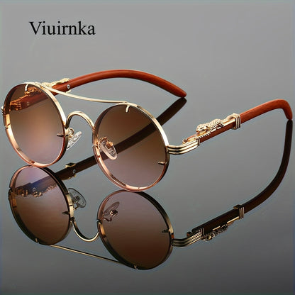 Round Metal Frame Sunglasses with Gradient PC Lenses Double Bridge Leopard Hinges Unisex Trendy Eyewear with Protection Case for Women and Men Vacation Street Style
