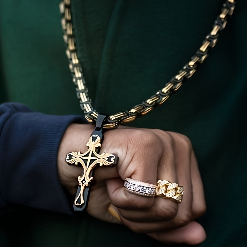 304 Stainless Steel Cuban Chain Necklace & Bracelet Set for Men – Religious Cross Pendant, Tarnish-Resistant Hip Hop Jewelry, Silver Tone, Daily Wear & Gift