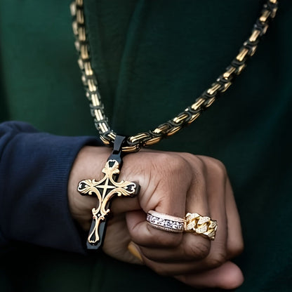 304 Stainless Steel Cuban Chain Necklace & Bracelet Set for Men – Religious Cross Pendant, Tarnish-Resistant Hip Hop Jewelry, Silver Tone, Daily Wear & Gift