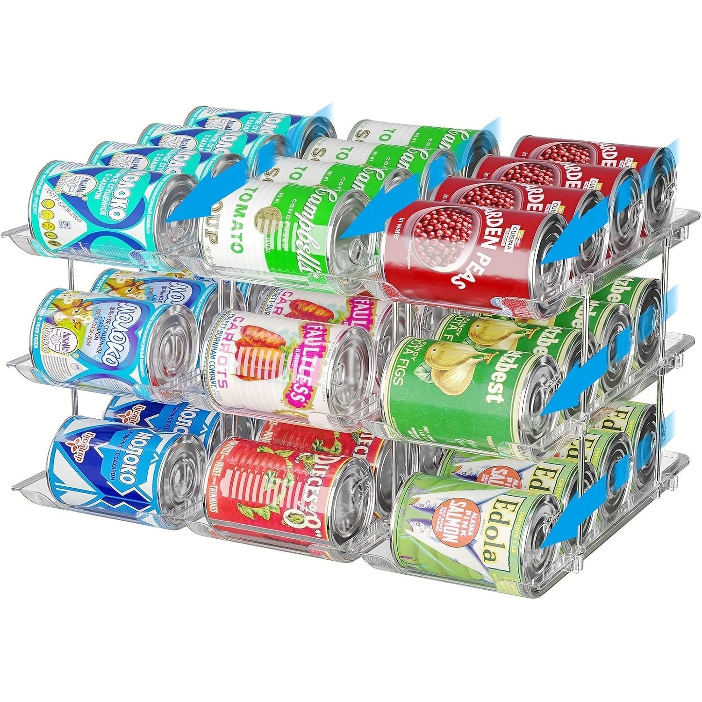 Pantry Can Organizer Rack 3-Tier Stackable – Holds 36 Cans, Auto-Rolling Transparent PET Can Storage Rack for Kitchen Pantry, Garage, Dorm & Closet, Tool-Free Assembly, Fits Soda Soup Vegetable Cans
