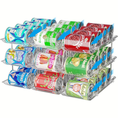 Pantry Can Organizer Rack 3-Tier Stackable – Holds 36 Cans, Auto-Rolling Transparent PET Can Storage Rack for Kitchen Pantry, Garage, Dorm & Closet, Tool-Free Assembly, Fits Soda Soup Vegetable Cans