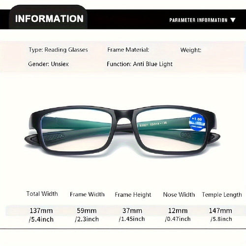 4 Pack Fashion Sports Reading Glasses Rectangular Full Frame for Men and Women Strengths +1.00 to +4.00 Lightweight Stylish Readers
