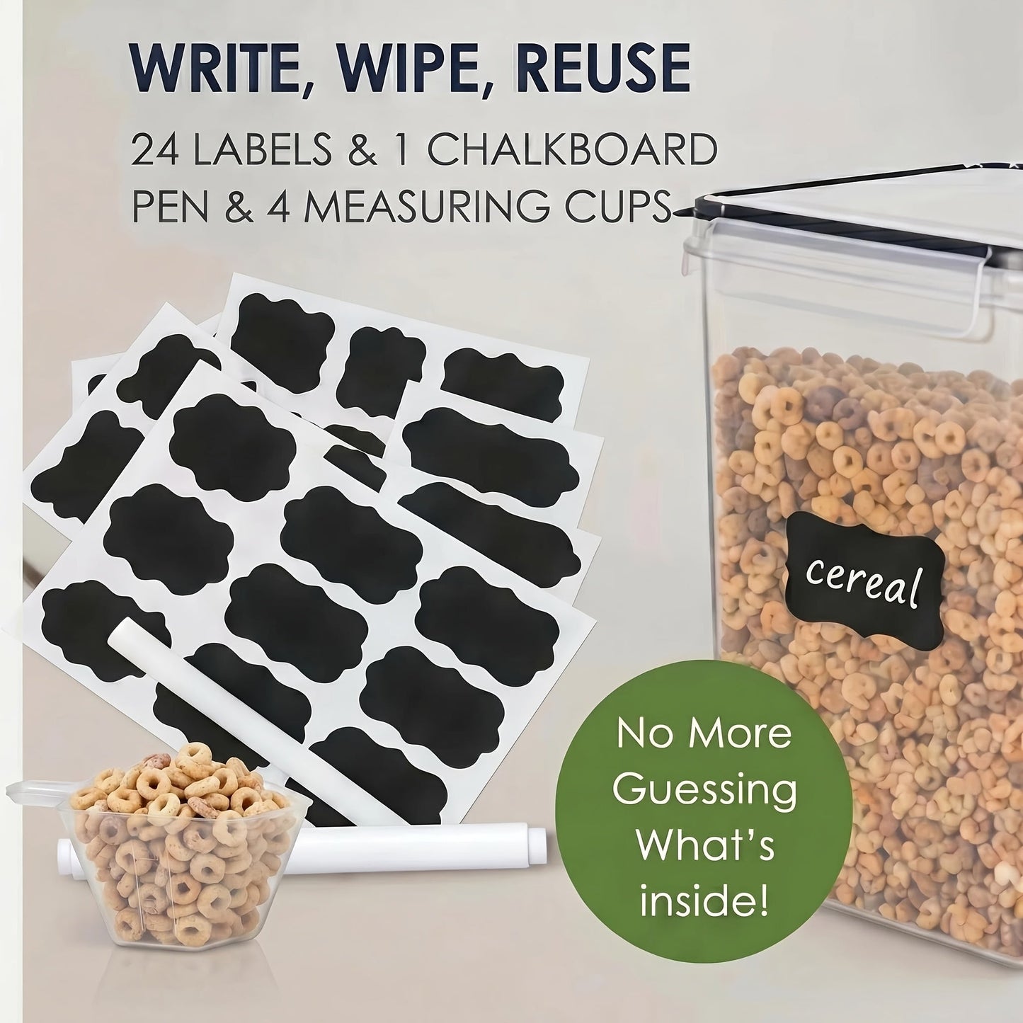 4-Pack Large Airtight Food Storage Containers with Lids – 176oz BPA-Free Plastic Canisters for Flour, Sugar, Rice & Baking Supplies – Includes Measuring Cups & 24 Labels, Black