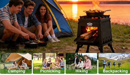 Portable Wood Burning Camp Stove with BBQ Scissors - Lightweight Outdoor Hiking Cookstove & Picnic Grill Set for Travel Camping