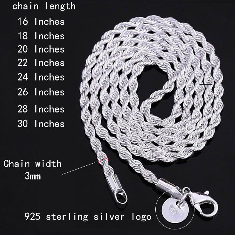 925 Silver Twisted Rope Chain Necklace for Women – Hip-Hop Chunky Textured Design, 16 to 30 Inches, Elegant Daily Wear Jewelry for Music Festivals Vacation Outfits Valentine's Day Christmas Gift