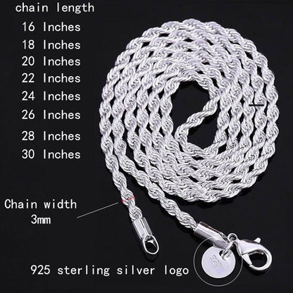 925 Silver Twisted Rope Chain Necklace for Women – Hip-Hop Chunky Textured Design, 16 to 30 Inches, Elegant Daily Wear Jewelry for Music Festivals Vacation Outfits Valentine's Day Christmas Gift