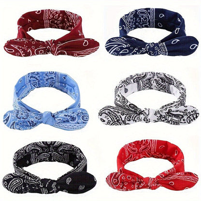 6-Pack Bohemian Paisley Bow Elastic Headbands for Women – Loose Elastic Headscarves in 6 Colors (Sky Blue, Black, Navy, Wine Red, White, Red), All Seasons Outdoor & Daily Wear