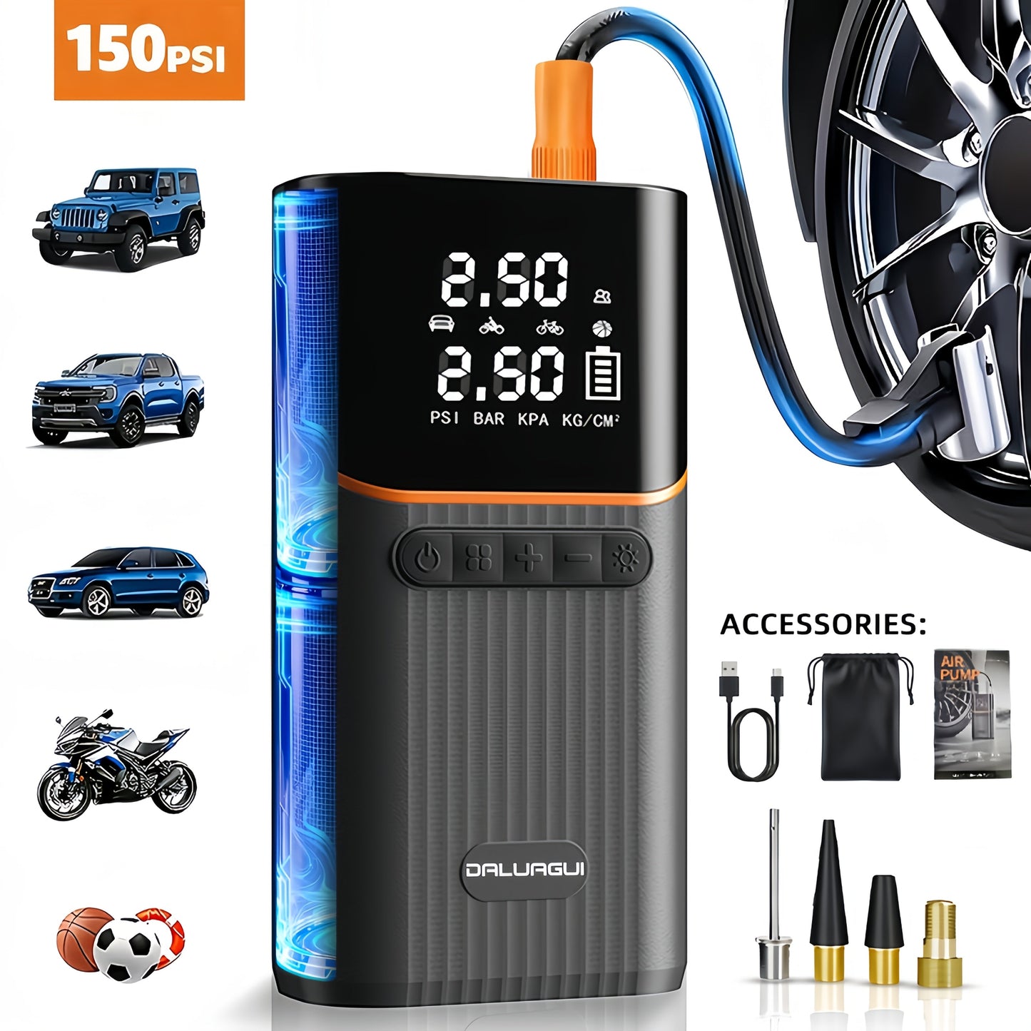 9-in-1 Car Jump Starter 10000A with 150PSI Tire Inflator, LED Display USB Fast Charging LED Light Battery Charger, Lightweight Dual-Function Emergency Kit for Camping Outdoor