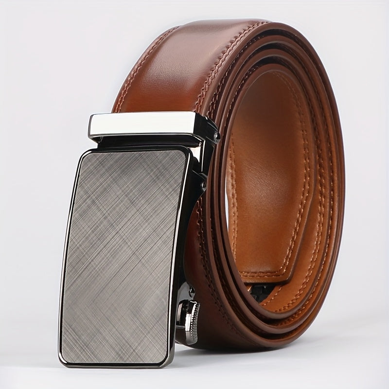 Men's Genuine Leather Ratchet Belt with American Flag Automatic Buckle – Sleek Black & Brown Dress Belt, Zinc Alloy Clasp, Adjustable Fit 30"-44", Perfect for Formal, Business & Casual Wear