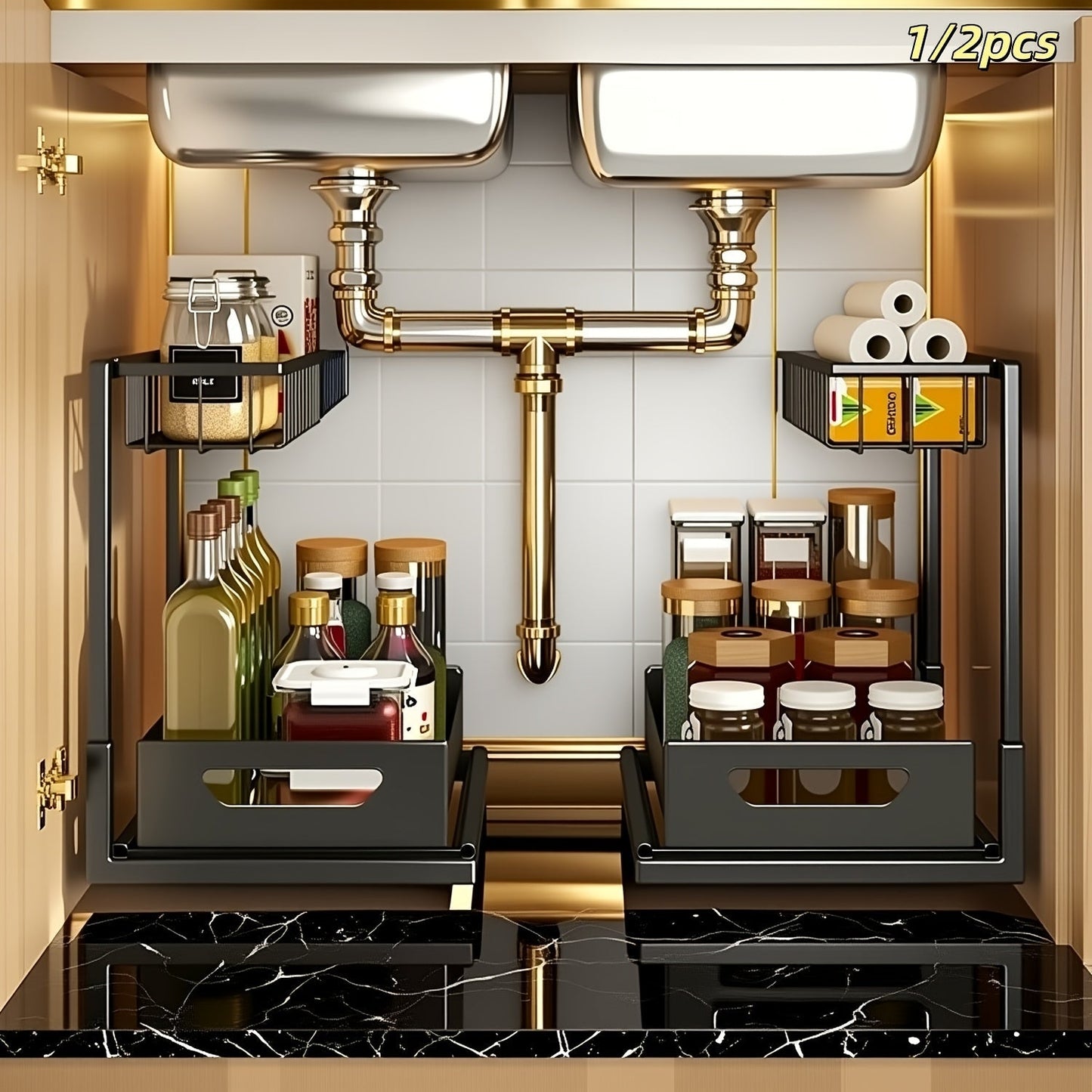 Under Sink Organizer 2 Tier Pull Out Cabinet Storage Organizer with Metal Sliding Drawers Kitchen Bathroom Tabletop Organizer and Storage Rack Accessories