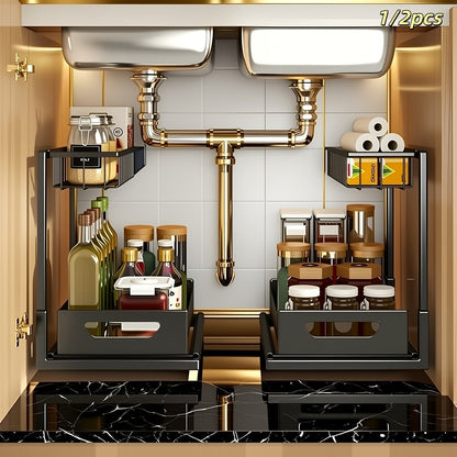 Under Sink Organizer 2 Tier Pull Out Cabinet Storage Organizer with Metal Sliding Drawers Kitchen Bathroom Tabletop Organizer and Storage Rack Accessories