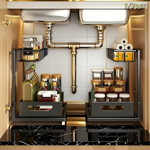 Under Sink Organizer 2 Tier Pull Out Cabinet Storage Organizer with Metal Sliding Drawers Kitchen Bathroom Tabletop Organizer and Storage Rack Accessories